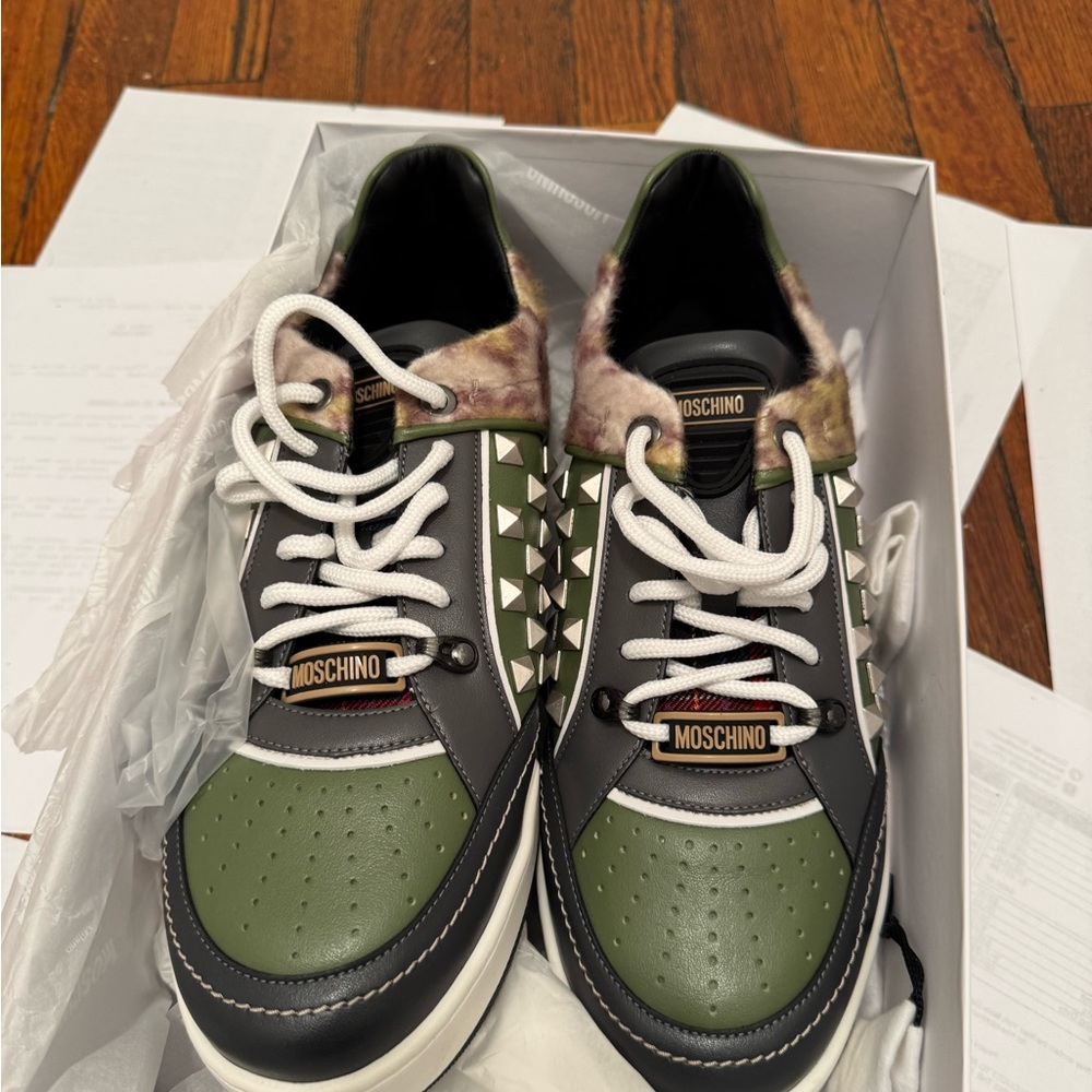 Moschino Olive and Charcoal Studded Sneakers